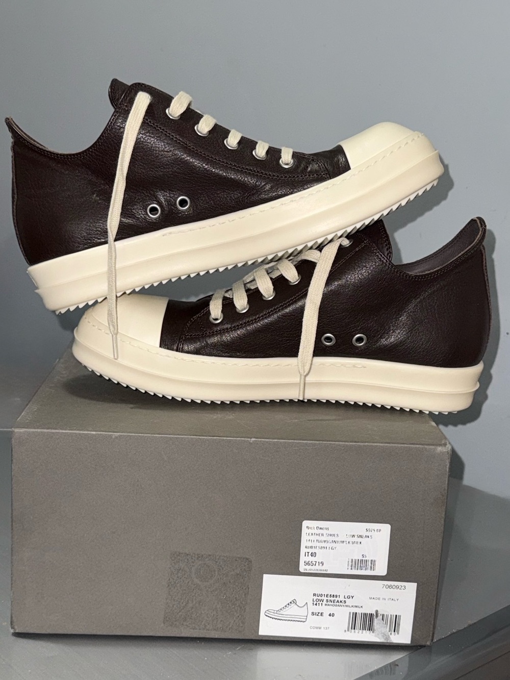 Rick Owens Dark Brown Leather Low-Top Sneakers with Cream Sole